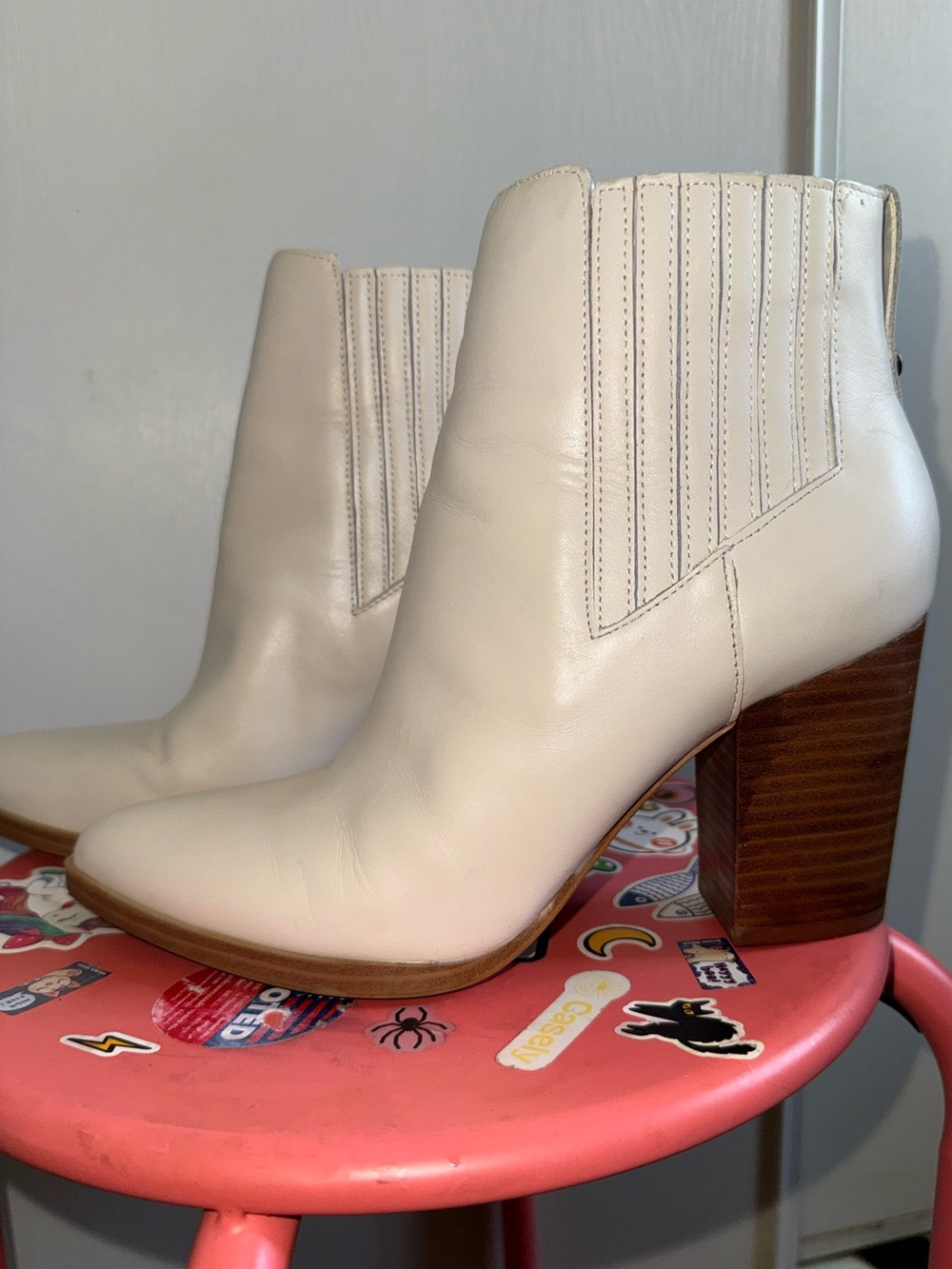 Aldo Cream Leather Stacked Block Heel Ankle Boots